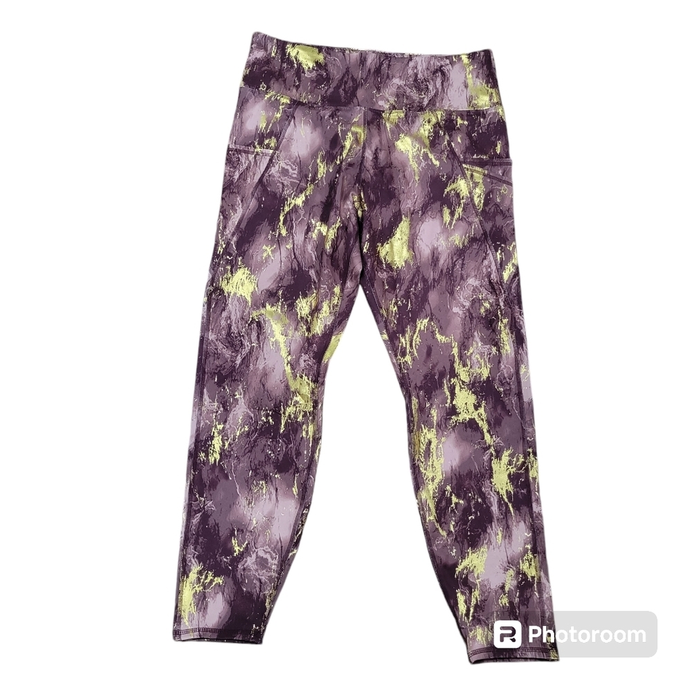 TAHARI SPORT Women's Burgundy Gold Marble Leggings with Pockets Size 1X